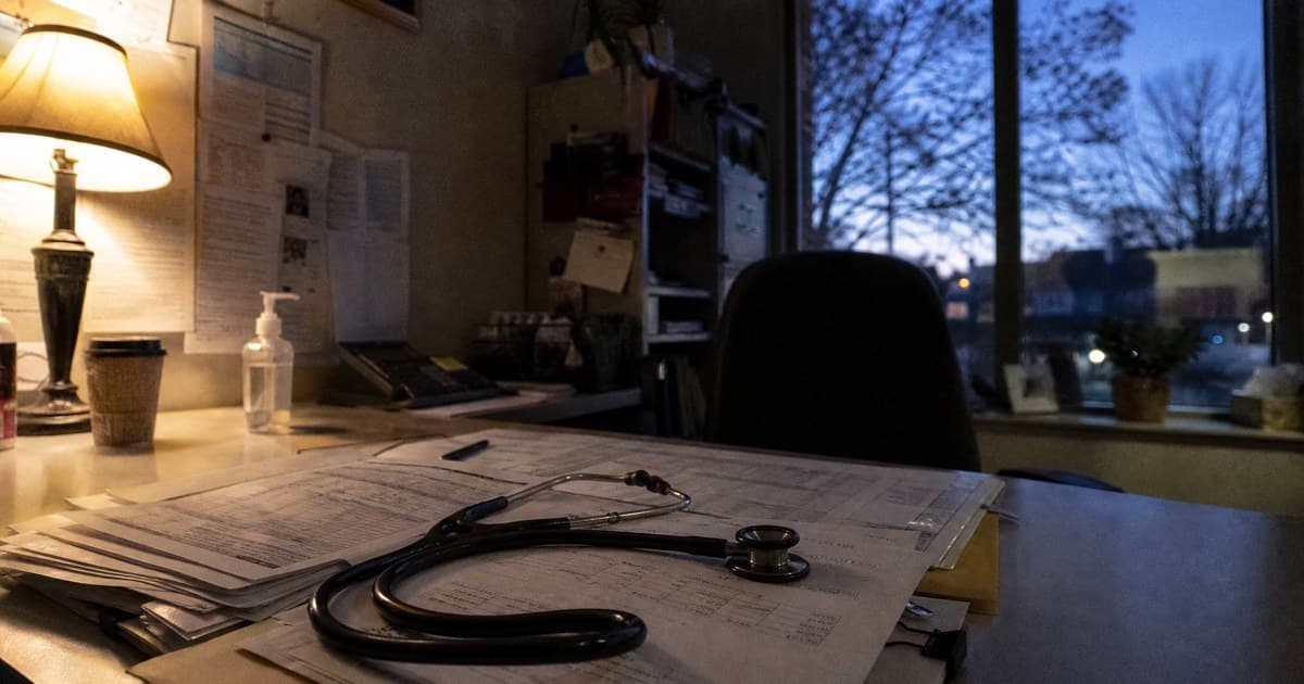 Escritorio de un consultorio al final del día, con un estetoscopio sobre hojas de tabuladores y una lámpara encendida.